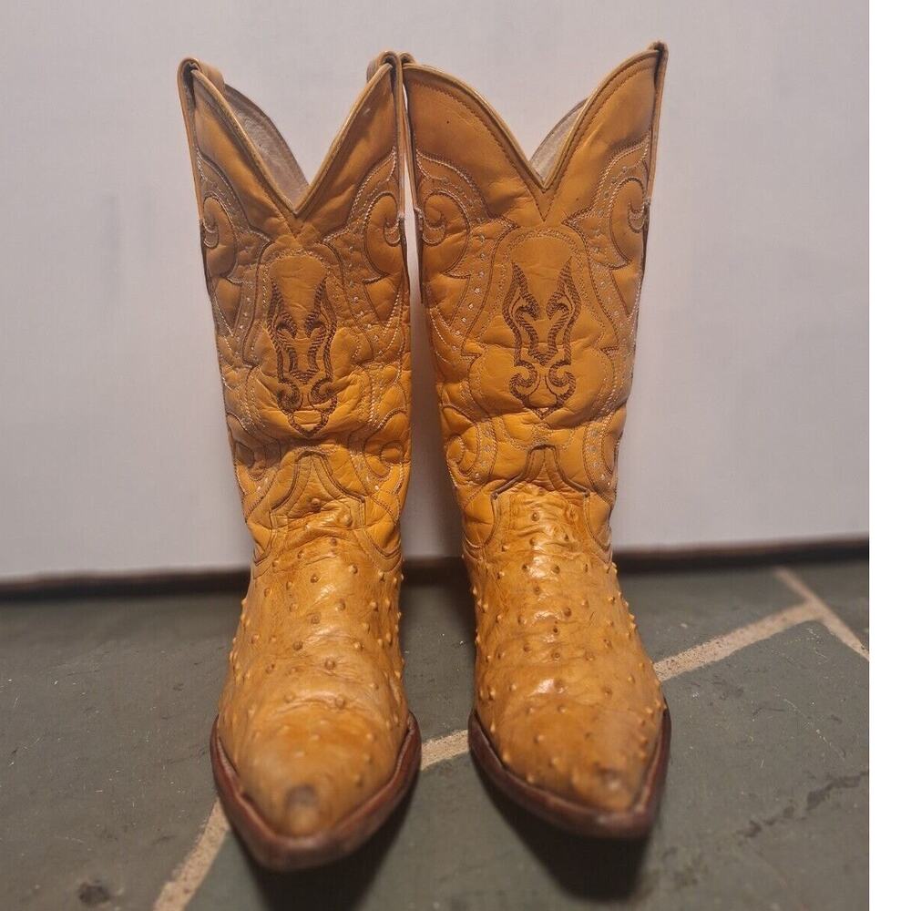 Vintage Ostrich Leather Buttercup Pointy Boots Made in Mexico Men Sz 7